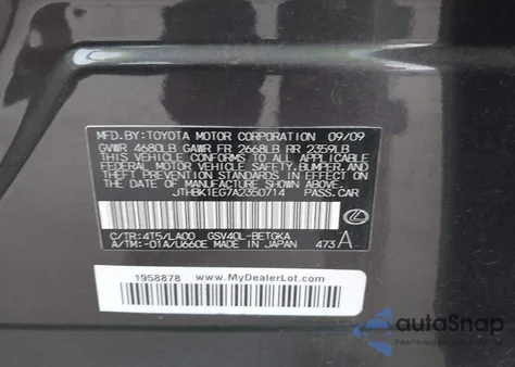 2010 Lexus Es 350 from USA, damaged, VIN JTHBK1EG7A2350714